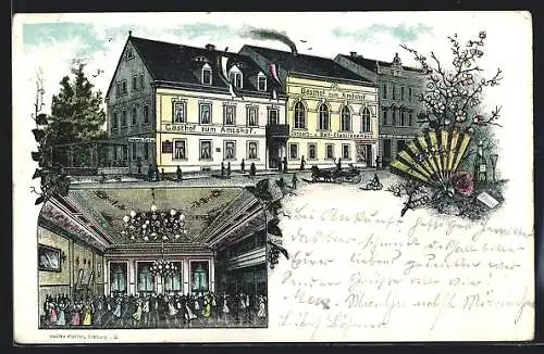 Lithographie Freiberg /Sachsen, Gasthof zum Amtshof, Innen- und Aussenansicht