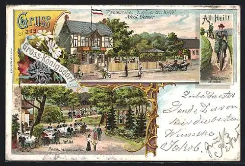 Lithographie Gross-Königsdorf, Restaurant Tivoli vor dem Walde von N. Gonner, Radfahrer-Station