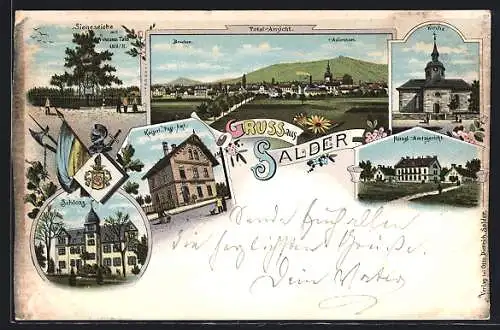 Lithographie Salder, Herzgl. Amtsgericht, Kaiserl. Post-Amt, Schloss, Siegeseiche mit Veteranen-Tafel 1870 /71