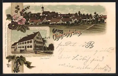 Lithographie Ohmenheim, Gasthaus und Bier-Brauerei zur Kanne, Ortsansicht