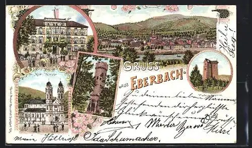 Lithographie Eberbach / Baden, Hotel Leininger Hof, Kath. Kirche, Katzenbuckel, Pulverthurm, Ortsansicht