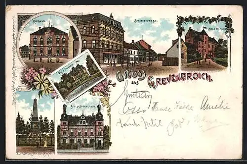 Lithographie Grevenbroich, Breitestrasse, Rathaus, altes Schloss, Villa Erckens, Zuccalmaglio-Denkmal, Kreis-Ständehaus