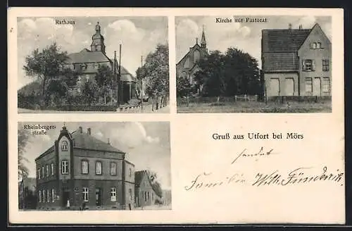 AK Utfort bei Mörs, Rathaus, Kirche mit Pastorat, Rheinbergerstrasse