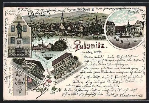 Lithographie Pulsnitz, Marktplatz, Rietschel-Denkmal, Schlossteich, Schützenhaus, Kgl. Amtsgericht