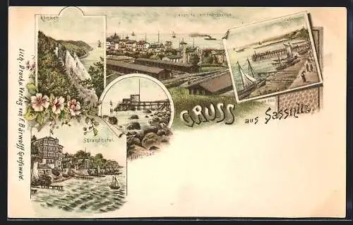 Lithographie Sassnitz, Strandhotel, Hafen, Klinken, Herrenbad, Ortsansicht