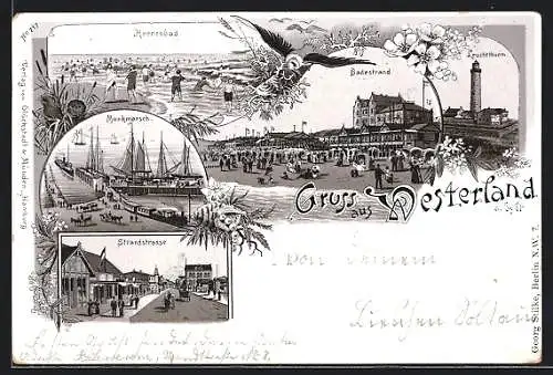 Lithographie Westerland, Leuchtturm, Herrenbad, Strandstrasse, Inselbahn, Segelboote