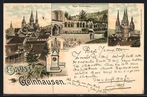 Lithographie Gelnhausen, Panorama, Ruine Barbarossa & Schöffer Denkmal