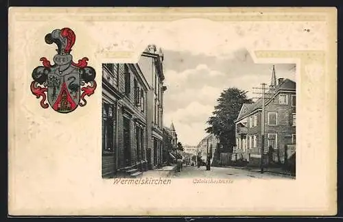 Passepartout-Lithographie Wermelskirchen, Blick in die Cölnischestrasse, Wappen im Passepartout