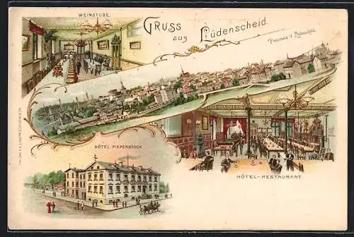 Lithographie Lüdenscheid, Ortsansicht, Hotel Piepenstock mit Restaurant und Weinstube