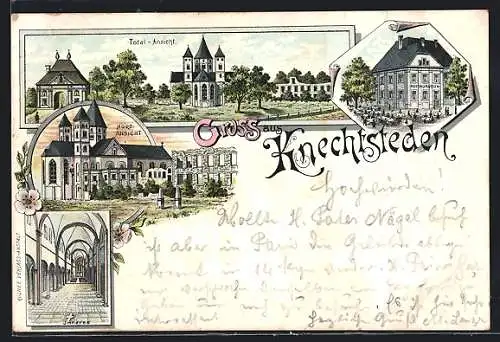 Lithographie Knechtsteden, Restaurant, Kirche Nordansicht, Innenansicht