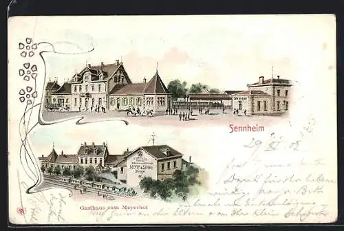Lithographie Sennheim, Gasthaus zum Meyerhoff, Bahnhof