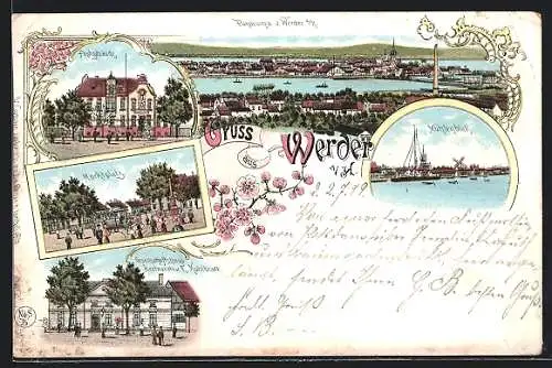 Lithographie Werder a. H., Gesellschaftshaus Restaurant E. Kuhlbrodt, Postgebäude, Mühlenblick