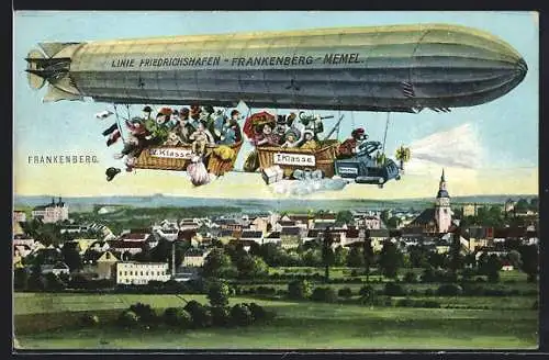 AK Frankenberg / Sa., Ortsansicht von oben, Zeppelin Linie Friedrichshafen-Frankenberg-Memel, Gondel I. und V. Klasse