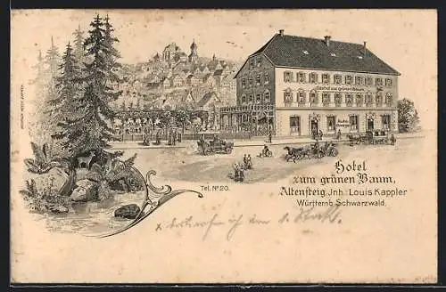 Künstler-AK Altensteig /Württemb. Schwarzwald, Hotel zum grünen Baum, Uferpartie mit Rehen