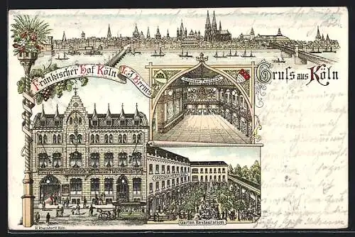 Lithographie Köln, Hotel Fränkischer Hof Köln, Inneres Grosser Festsaal, Garten-Restaurant