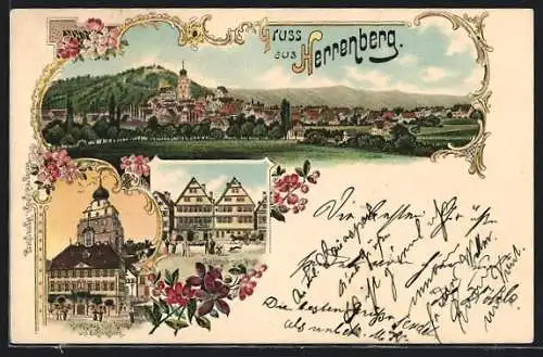 Lithographie Herrenberg, Gasthof zur Post, Rathaus mit Kirche und Schlossberg, Teilansicht