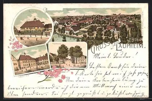 Lithographie Laupheim, Rathaus, Schranne, Marktplatz, Gesamtansicht