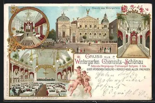 Lithographie Chemnitz-Schönau, Restaurant Wintergarten, Garderobe, Concert-Saal