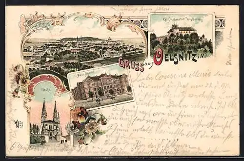 Lithographie Oelsnitz / Vogtland, Kirche, neue Schule, Strafanstalt Voigstberg, Panorama um 1900