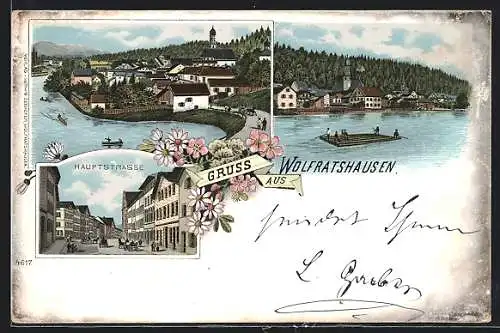 Lithographie Wolfratshausen, Teilansicht mit Kirche, Hauptstrasse, Uferpartie mit Flössern