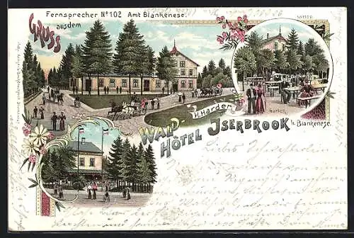 Lithographie Hamburg-Blankenese, Waldhotel Iserbrook H. Harder mit Strasse und Garten