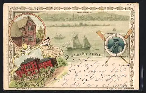 Lithographie Hamburg-Blankenese, Altes Fischerhaus, Seemann, Realschule, Hannöversche Küste