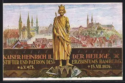 Künstler-AK Bamberg, Teilansicht, Standbild Heinrich II., Neunjahrhundertfeier 1924, Festpostkarte