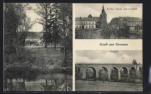 AK Crossen, Viadukt, Kirche, Schule u. Gasthof, Gebäude am Wassser
