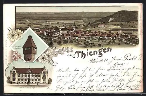 Lithographie Thiengen /Waldshut, Storchenthurm, Neues Schulhaus, Gesamtansicht