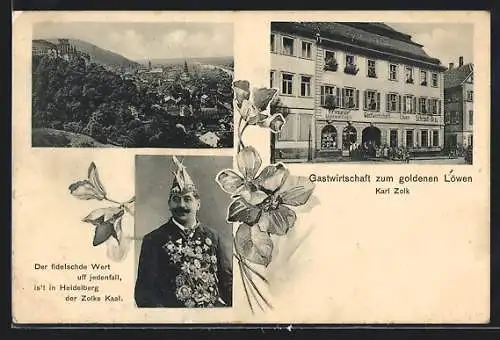 AK Heidelberg / Neckar, Gasthaus zum goldenen Löwen Karl Zolk, Wirtsportrait mit Orden, Ortsansicht