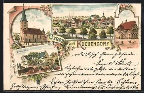 Lithographie Kochendorf / Württ., Zwingenberg, Rathaus, Ortsansicht mit Brücke