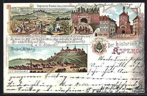 Lithographie Asperg, Inneres Burgthor und drei histor. Motive