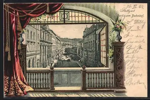 Passepartout-Lithographie Stuttgart, Partie am Bahnhof, Fenster mit Balustrade und Vorhang