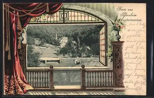 Passepartout-Lithographie Pforzheim, Kupferhammer mit Brücke aus der Vogelschau, Fenster mit Balustrade und Vorhang