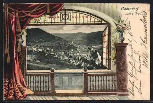Passepartout-Lithographie Oberndorf / Neckar, Untere Stadt aus der Vogelschau, Fenster mit Balustrade und Vorhang