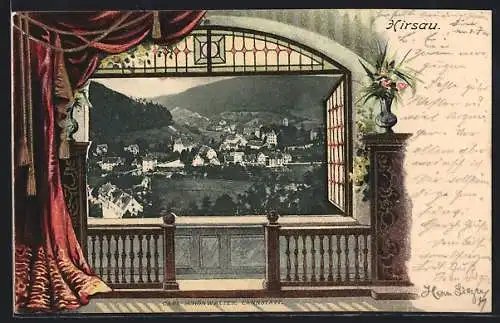 Passepartout-Lithographie Hirsau, Ortsansicht aus der Vogelschau, Fenster mit Balustrade und Vorhang