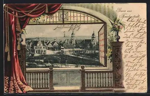 Passepartout-Lithographie Freudenstadt, Teilansicht von oben, Fenster mit Balustrade und Vorhang