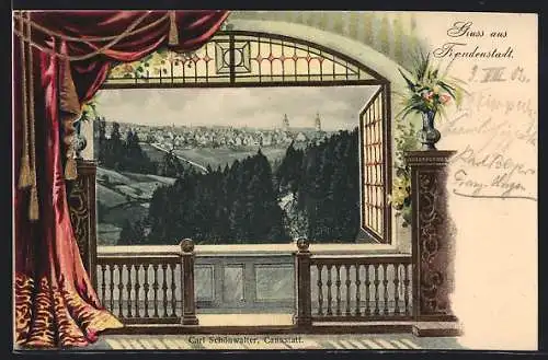 Passepartout-Lithographie Freudenstadt, Gesamtansicht aus der Ferne, Fenster mit Balustrade und Vorhang