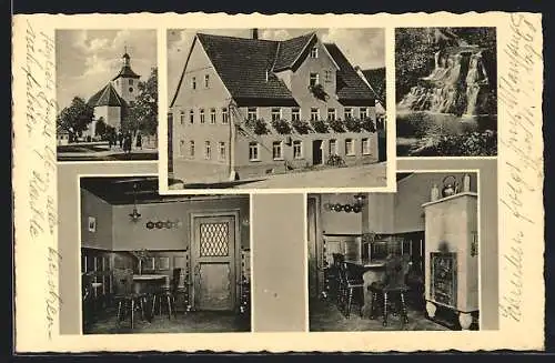 AK Essingen / Württ., Gasthaus-Brauerei Sonne Karl Meyer, Wasserfall, Kirche