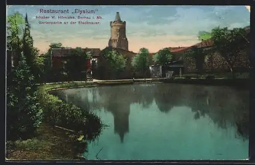 AK Bernau / Mark, Restaurant Elysium W. Hörnicke, Gartenpartie an der Stadtmauer