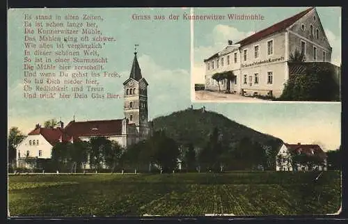 AK Kunnerwitz, Restaurant Windmühle, Panorama mit Kirche