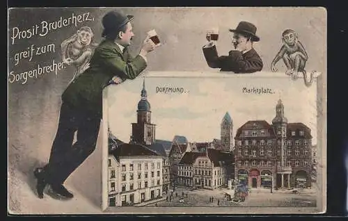 AK Dortmund, Marktplatz, Männer prosten sich mit Bier zu, Affen