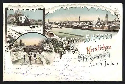 Winter-Lithographie Bremen, Teilansicht, Wildgehege im Bürgerpark, Melchersbrücke im Bürgerpark