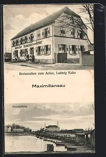AK Maximiliansau, Restaurant zum Anker, Rheinbrücke
