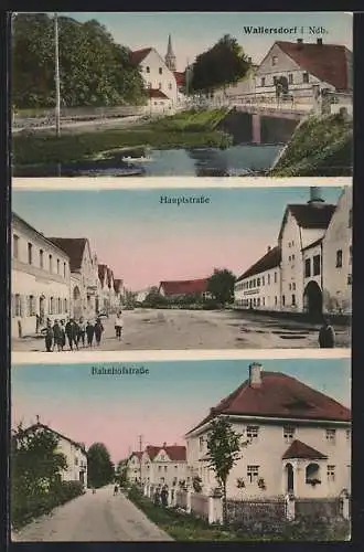 AK Wallersdorf i. Ndb., Bahnhofstrasse und Hauptstrasse, Ortspartie mit Brücke
