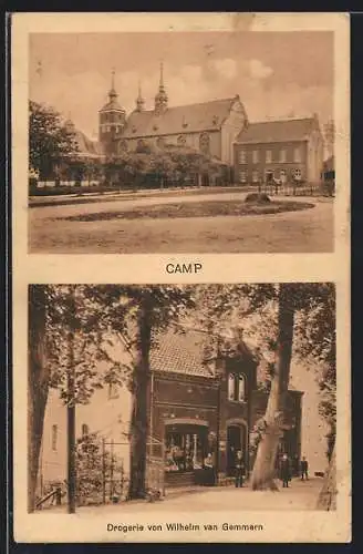 AK Camp / Lintfort, Drogerie von Wilhelm van Gemmern, Kirche