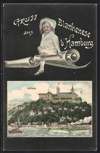 AK Blankenese b. Hamburg, Dampfer vor dem Süllberg, Kind auf einer Schriftrolle