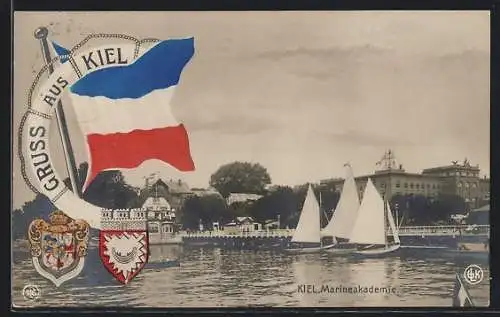 AK Kiel, Segelschiffe vor der Marineakademie, Rettungsring und Flagge