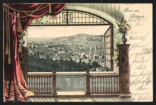 Passepartout-Lithographie Stuttgart, Blick aus dem Fenster auf den Ort