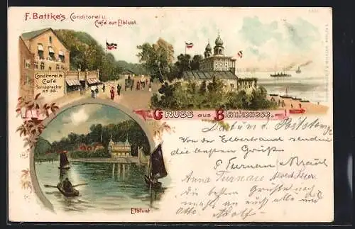 Lithographie Hamburg-Blankenese, F. Battke`s Café und Conditorei zur Elblust, Segelschiffe auf dem Wasser